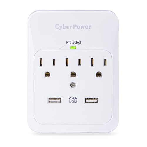 CyberPower CSP300WUR1 Professional Surge Protector, 600J/125V, 3 Outlets, 2 USB Charge Ports (2.1 Amps Shared) Wall Tap Plug