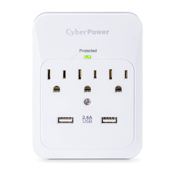 CyberPower CSP300WUR1 Professional Surge Protector, 600J/125V, 3 Outlets, 2 USB Charge Ports (2.1 Amps Shared) Wall Tap Plug