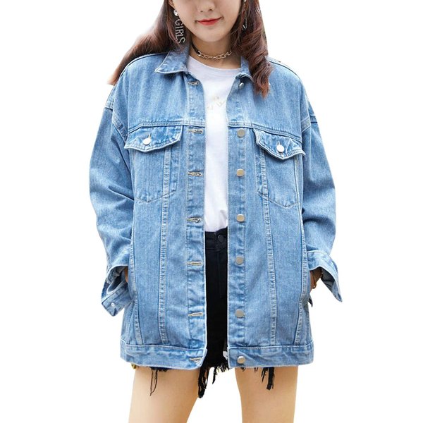 Omoone Women's Oversized Mid Long Denim Jacket Jean Biker Coat(0199-Denim Blue-M)