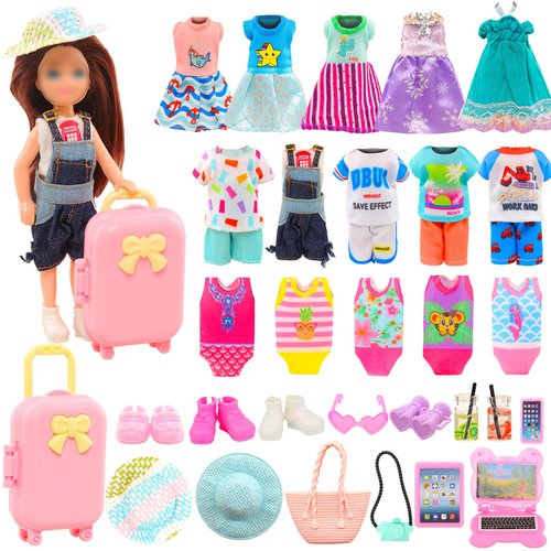 ENOCHT 25 Pcs 5.3 Inch Doll Clothes Suitcase Accessories 4 Dresses 3 Tops and Pant Outfits 3 Swimsuits 1 Luggage 3 Shoes 11 Travel Accessories Glasses for 5.3 Inch Dolls(Doll NOT Include)