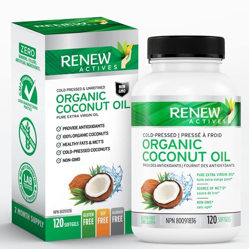 Renew Actives Coconut Oil Supplement - Premium Source of Antioxidants, Natural Fatty Acids, and Metabolism Support for Optimal Health, Energy, and Wellness - Made in Canada - 120 Softgels