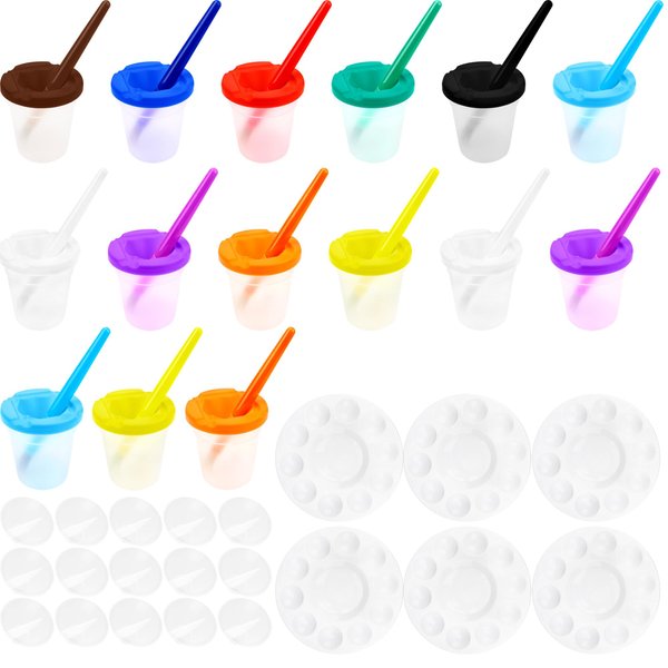 36 Pcs Kids Paint Cups with Lids Set Including 15 Pcs Paint Brushes 15 Pcs No Spill Paint Cups with 6 Pcs Palette Tray for Toddler Art Preschool Classroom Furniture Supplies, 10 Colors
