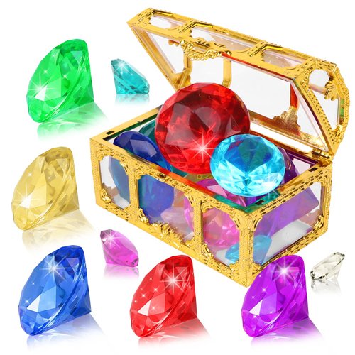 YUJUN Diving Gem Pool Toys 10 Colorful Big Diamond Gem with Treasure Pirate Chest Box Summer Unde...