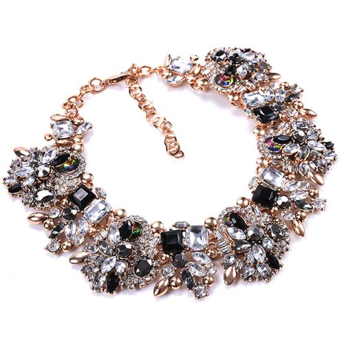 Zthread Rhinestone Bib Statement Necklace Vintage Chunky Chain Choker Collar Necklace Crystal Beads Women Fashion Jewelry Necklace (Black+White)