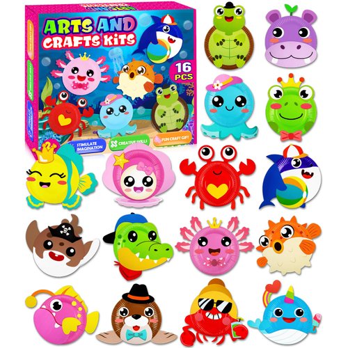 16 Pack Arts and Crafts for Kids, Toddler Crafts Ocean Animal Paper Plate Art Kit Gift for 3 4 5 6 Year Old Boys Girls DIY Crafts for Birthday Party Favor Preschool Classroom Christmas Party Games ﻿