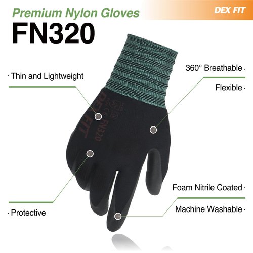 DEX FIT Premium Nylon Work Gloves FN320 - Firm Nitrile Grip, 3D-Comfort Stretchy Fit, Thin & Lightweight, Protective & Durable, Breathable, Machine Washable; Black 8 (M) 1 Pair
