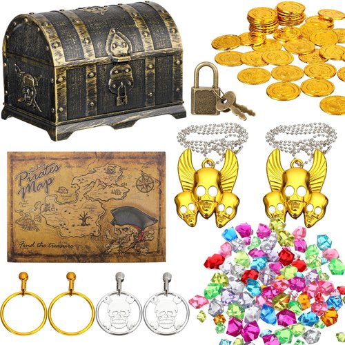 Enhon 147 Pieces Pirate Treasure Chest Toy Box with Lock and 1 Pirate Map 100 Colorful Gems 40 Pi...