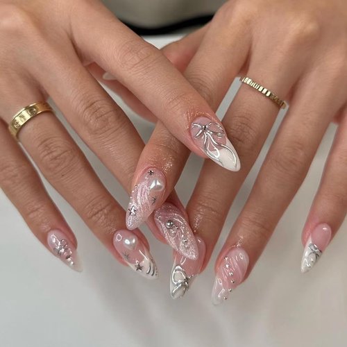 Almond Press on Nails Medium French Tip Fake Nails with Design Sliver Bow Glue on Nails 3D Water Ripple Acrylic Nails Y2k Star Stiletto False Nails Full Cover Stick on Nails for Women Manicure 24Pcs