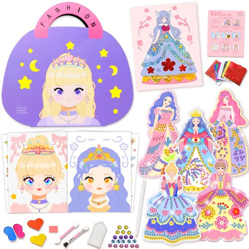 YUANJIA.Y Princess Dress Up Game Set for Girls, Princess Fantasy Makeup Book with Diamond Painting & Paper Art Craft Kits, Creative Dress Up Sticker Book Girl Toy for Ages 4-9 Christmas Birthday Gifts