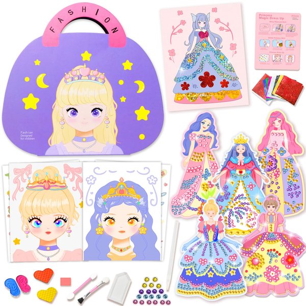 YUANJIA.Y Princess Dress Up Game Set for Girls, Princess Fantasy Makeup Book with Diamond Painting & Paper Art Craft Kits, Creative Dress Up Sticker Book Girl Toy for Ages 4-9 Christmas Birthday Gifts