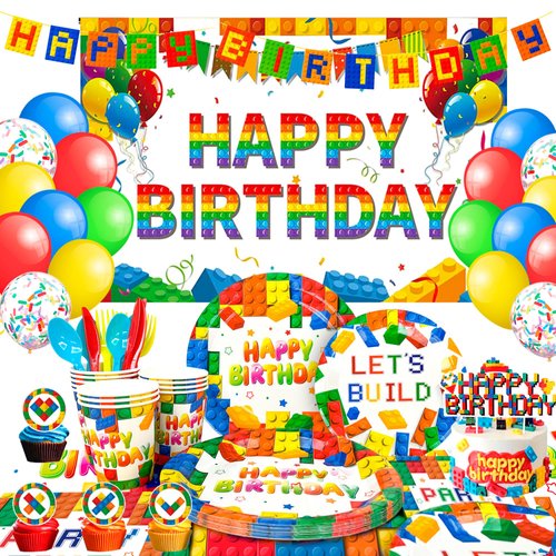 Building Blocks Birthday Party Supplies,114pcs Building Block Party Decorations&Building Blocks Tableware Set - Building Blocks Party Plates Napkins Backdrop Balloons etc SuppliesFD13176660