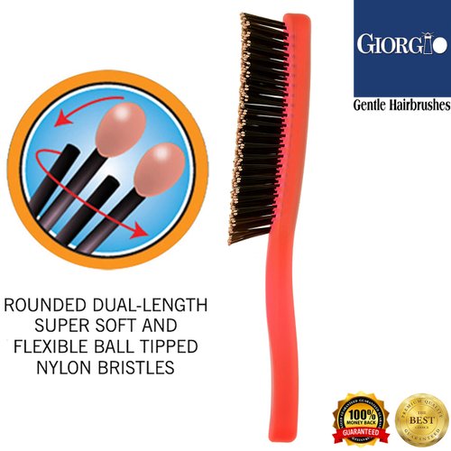 Giorgio GION1R Neon Red 7.75 inch Gentle Touch Detangler Hair Brush for Men and Women. Soft Bristles for Sensitive Scalp. Wet and Dry for all Hair Types. Scalp Massager Brush Stimulate Hair Growth