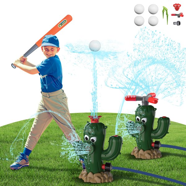 2 in 1 Outdoor Water Sprinklers with 4 T Ball Set for Toddlers Kids,Summer Outside Play Equipment Lawn Yard Tee Ball Game for Boys Girls,Hose Connector Included