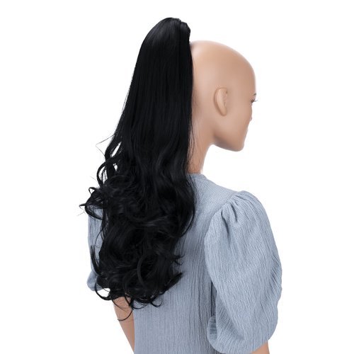 CAISHA 24" Long Hair Clip On Ponytail Extension Heat-Resistant Synthetic Hairpiece Slightly Wavy Black H48