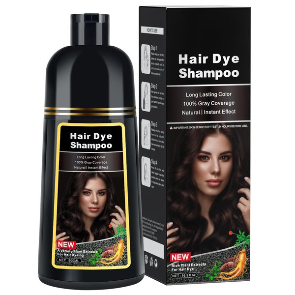 Dark Brown Hair Dye Shampoo for Gray Hair Coverage and Color Control - Herbal 3 in 1 for Men/Women, Ammonia-Free