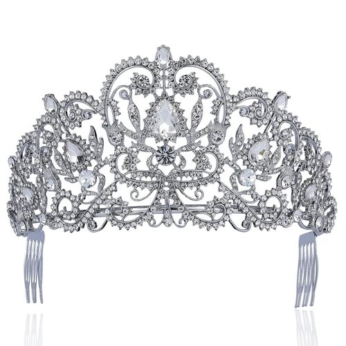 Victorian Clear White Austrian Rhinestone Crystal Tiara Crown With Hair Combs Princess Queen Headband Headpiece Jewelry Beauty Contest Birthday Bridal Prom Pageant Silver T1505 (Clear)
