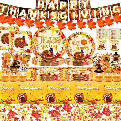DawnHope Thanksgiving Decorations Fall Theme Party Supplies Paper Plates and Napkins with Tablecloth, Balloons, Stickers, Maple Leaves and Cupcake Toppers for Autumn Table Indoor Decor, Serves 24