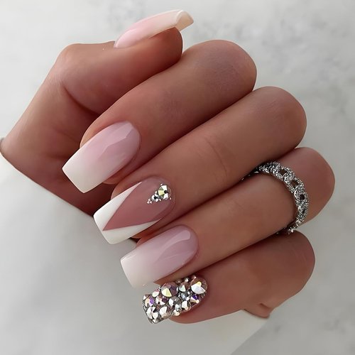 Square Press on Nails Medium Length Coffin Fake Nails Nude French Gradient with Rhinestones Glitter Designs Acrylic Nails Glossy Stick on Nails Reusable Artificial Nails for Women Manicure Art 24Pcs