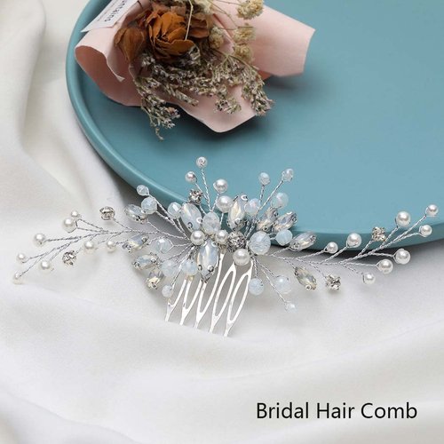 Jonky Bride Wedding Crystal Hair Comb Silver Pearl Hair Piece Rhinestone Hair Accessories for Women and Girls