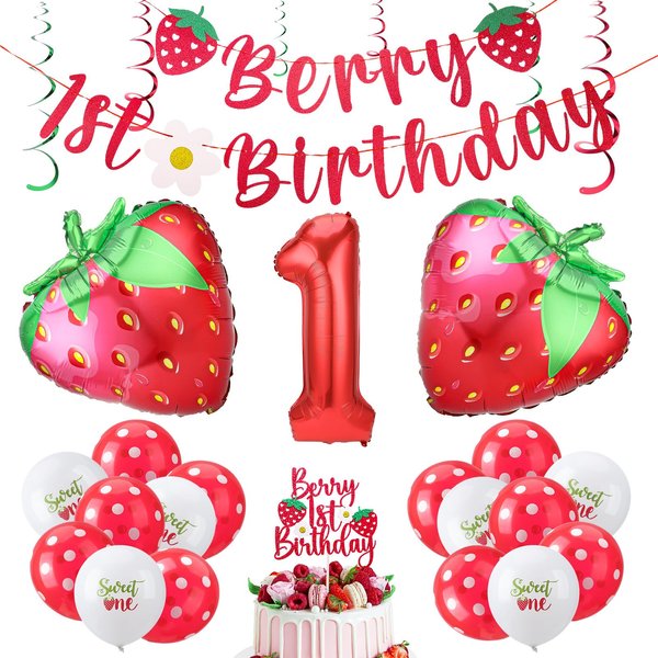 Fingertip WD 27 Pcs Berry First Birthday Decor, Sweet One Birthday Party Decorations Strawberry First Birthday Decorations Strawberry Hanging Banner Swirl Cake Topper for Baby Girls Party Supplies