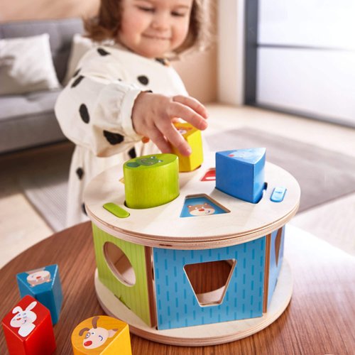 HABA Favorite Animals Wooden Shape Sorting Puzzle Box with 5 Colorful Shapes - Ages 12 Months +
