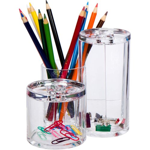 GROOVI Beauty Acrylic Triple Round Make Up Container (3 Towers Connected) Compact Size, Great Storage Container for Cosmetics/accs, for use in Bathroom or on Vanity, 5.5" x 5.9" x 5.25"