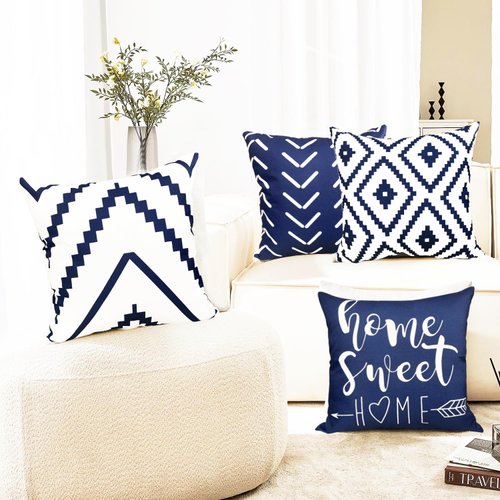 Decorative Throw Pillow Covers 18x18 Inch Blue Pillow Covers for Couch Sofa Living Room Bedroom car,Farmhouse Outdoor Throw Pillow Cover,Modern Geometric Linen Square Throw Pillow Case Set of 4