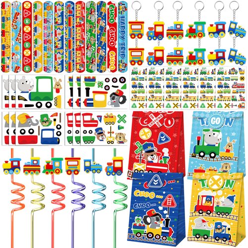 Erweicet Train Party Favors 72PCS Slap Bracelets DIY Stickers Temporary Tattoos Keychains Plastic Straws Gift Bags for Kids Car Theme Birthday Party Baby Shower