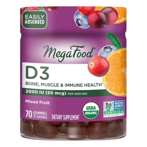 MegaFood Vitamin D3 Gummies 2000 IU (50 mcg) - Vitamin D Gummies Mixed Fruit Flavor, Bone, Muscle & Immune Support Supplement, Vegetarian, Gluten-Free, USDA Organic – 70 Gummies, 35 Servings