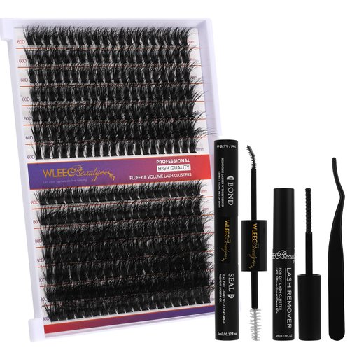 Wleec Beauty Fluffy Lash Extension Kit 60D 80D Thick Lash Clusters with Lash Bond and Seal, Lash Remover, 280PCS Volume D Curl Individual Lashes Wispy Mixed 10-18mm DIY Eyelash Extension Kit at Home