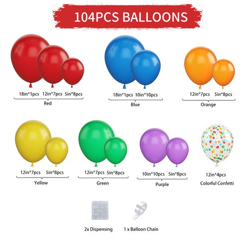 Biapian Rainbow Balloon Arch, 104PCS Rainbow Balloon Garland Kit With 18/12/10/5 Inch Assorted Colors Latex Balloons Colorful Confetti Balloon for Kids Birthday Carnival Circus Party Decorations