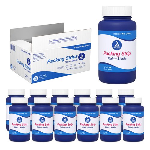 Dynarex Plain Packing Strip, Sterile Wound Care, 100% Cotton Woven Medical Packing Strip, Soft & Absorbent, 1/2” x 5 yd, 1 Case of 12 Packing Strip in Jars