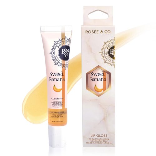 ROSÉE & CO Rosee Lip Gloss Vegan & Cruelty Free Treatment, Long Lasting Glossy with Shea Butter, Moisturize, Protect & Smooth - Clear (t.Sweet Banana)