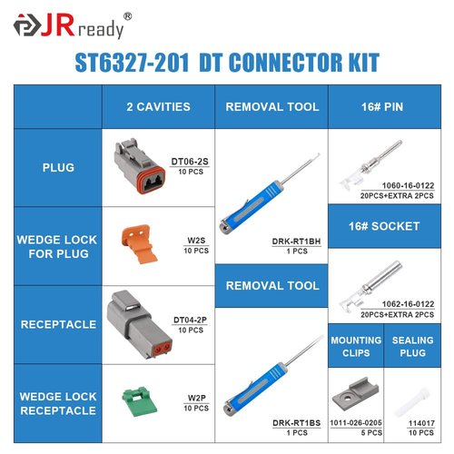 JRready 2 Pin Way Deutsch DT Connector Kit, Size 16 Stamped Contacts 14-18AWG, Seal Plugs, DT04-2P DT06-2S Gray Waterproof Automotive Electrical Connectors (10 Set), ST6327-201.
