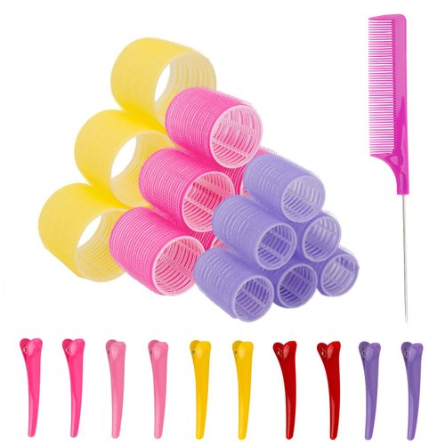 FlyTofer 29 PCs Hair Rollers With Clips-18 Durable Self Grip Heatless Hair Curlers Rollers For Long & Short Hair Comes in 3 Sizes 3.6 cm, 4.8 cm, 6.4 cm (6 pcs each)-10 Duckbill Hair Clips-1 Comb