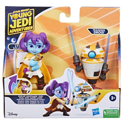 Star Wars: Young Jedi Adventures Pop-Up Lightsaber Duel, LYS Solay & Training Droid Action Figures, 4-Inch Scale Toys, Preschool Toys for 3 Year Old Boys & Girls