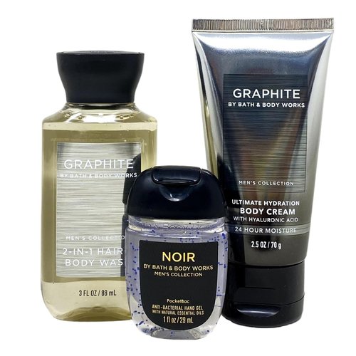 Generic Bath and Body Work Men's Collection GRAPHITE 3 Piece Travel Size Gift Set - Body Cream - 2-in-1 Hair & Body Wash and Hand Gel, Grey