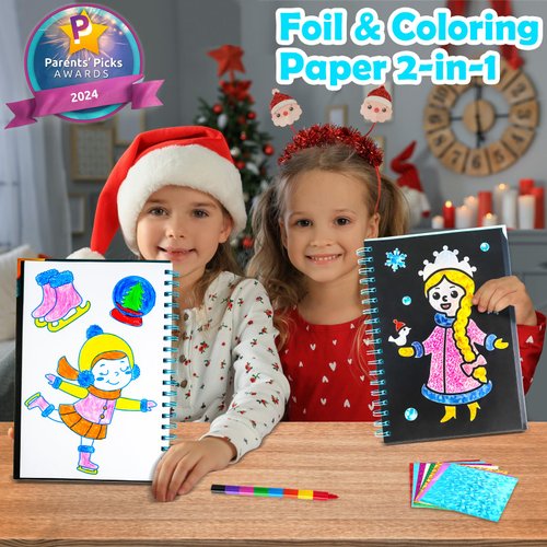 FUNNYB&G Foil Christmas Craft Activity for Kids: Foil Art Winter DIY Toy Kit, No Mess Creative Travel Supply Set, Idea Birthday Stocking Stuffers Gift for Girl Boy Children 4 5 6 7 8 9 Year Old