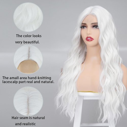 Sabosi Long White Wigs for Women 26 inch Hair Wig, White Wavy Wigs Heat Resistant Synthetic Wig White Halloween Wig