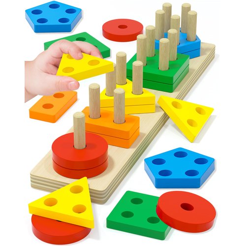 Montessori Toys for 1 2 3 Year Old Boy Girl, Toys for Ages 2-4 0-2 Toddlers Kids Baby, 1 2 Year Old Boy Girl Birthday Gifts, Wooden Learning Puzzles Shape Sorter Toys for Toddlers 1-3