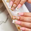 MISUD Press on Nails Long Square Fake Nails Glossy Glue on Nails 3D Gold French Tip Acrylic Nails Squoval Artificial Nails Cross Rhinestone Stick on False Nails with Design 24 pcs
