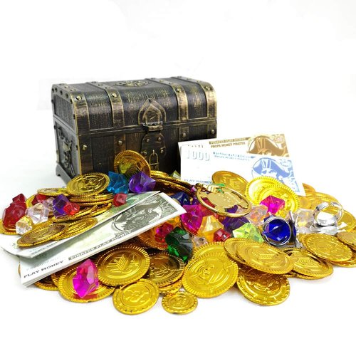 200+ Pieces Pirate Toys Gold Coins and Pirate Gems Pirates Rings Earrings Pearls Jewelery Play set, Treasure for Pirate Party (115 Coins+100g Gems+20 banknotes)