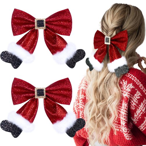 2Pcs Christmas Hair Clip,Sparkly Sequin Big Hair Bow Clip,Red Hair Bow Hairpin,Glitter Christmas Bows Barrettes,Christmas Hair Accessories for Girls Women Xmas Party Gifts