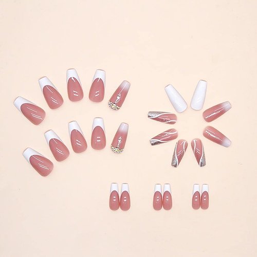 RikView Brand White Long Coffin Acrylic Press-on Nails, 24 PCS Ballerina Shaped, Glossy Finish, Full Well Tips, French Tips for Women and Girls