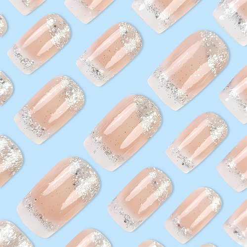RUOKEXIN Press on Nails White French Tip Fake Nails Square Medium Length False Nails with Silver Glitter Designs Ombre Glossy Artificial Nails Acrylic Glue on Nails Natural Stick on Nails for Women