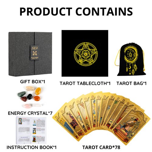 OceanWings Classic Tarot Cards Deck Set with Guidebook,Gold Foil Waterproof Tarot Cards Fortune Telling Toy with Crystal-Pendulum-for Beginners&Expert Readers
