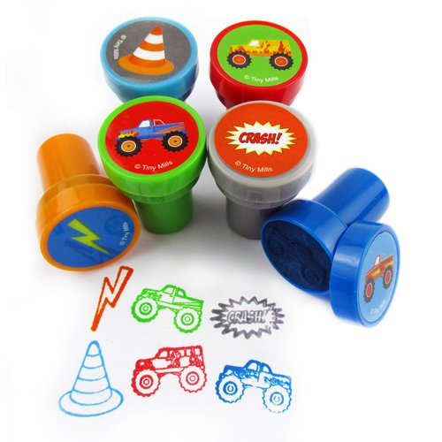 TINYMILLS 24 Pcs Monster Truck Assorted Stamps for Kids Self Ink Stamps (12 Different Designs) Birthday Party, Monster Truck Party Favors, Goody Bag Filler Treats, Classroom Rewards Carnival Prizes