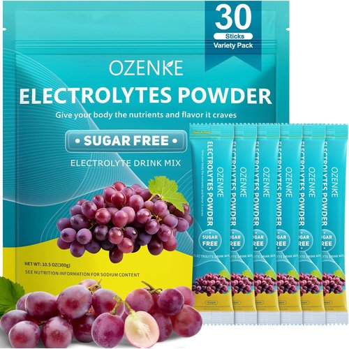 OZENKE Electrolytes Powder Packets, 30 Sticks Hydration Packets Sugar Free, Electrolyte Drink Mix Portable Electrolyte Packets for Rapid Hydration, 0 Sugar & 0 Calorie, Grape Flavor