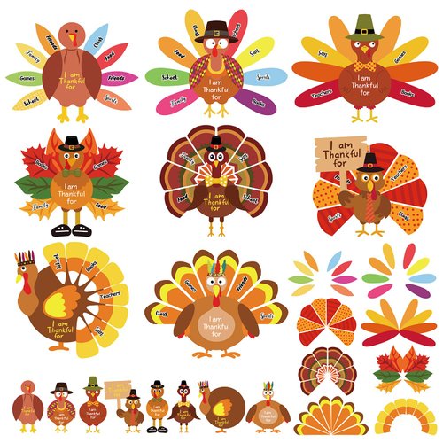 GreenPine 316 Pcs Thanksgiving Crafts for Kids, Make-A-Turkey Stickers Party Games/Favors/Supplies 24 Sets for Thanksgiving Party Decoration DIY Craft Activities, 8 Style with 120 Pcs Glue Point Dots
