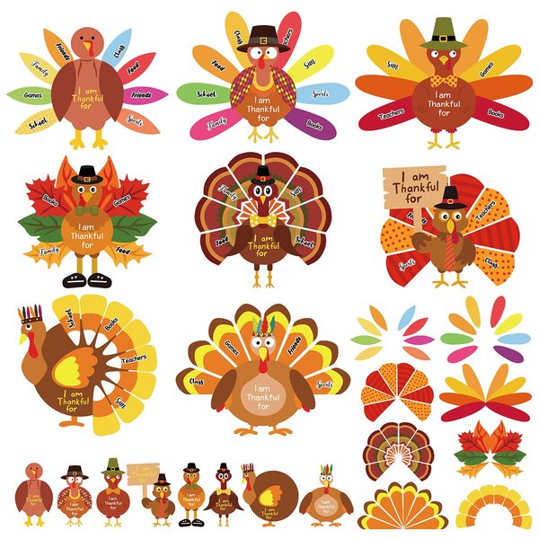GreenPine 316 Pcs Thanksgiving Crafts for Kids, Make-A-Turkey Stickers Party Games/Favors/Supplies 24 Sets for Thanksgiving Party Decoration DIY Craft Activities, 8 Style with 120 Pcs Glue Point Dots